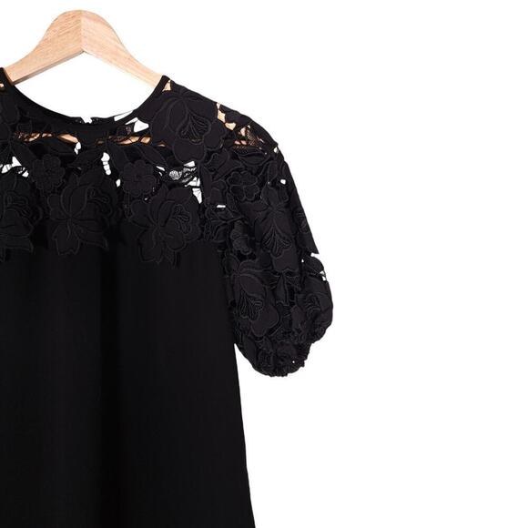 Shoshanna Anthropologie Womens Dress 0 Black Floral Lace A Line Mini Puff Sleeve - Picture 3 of 13